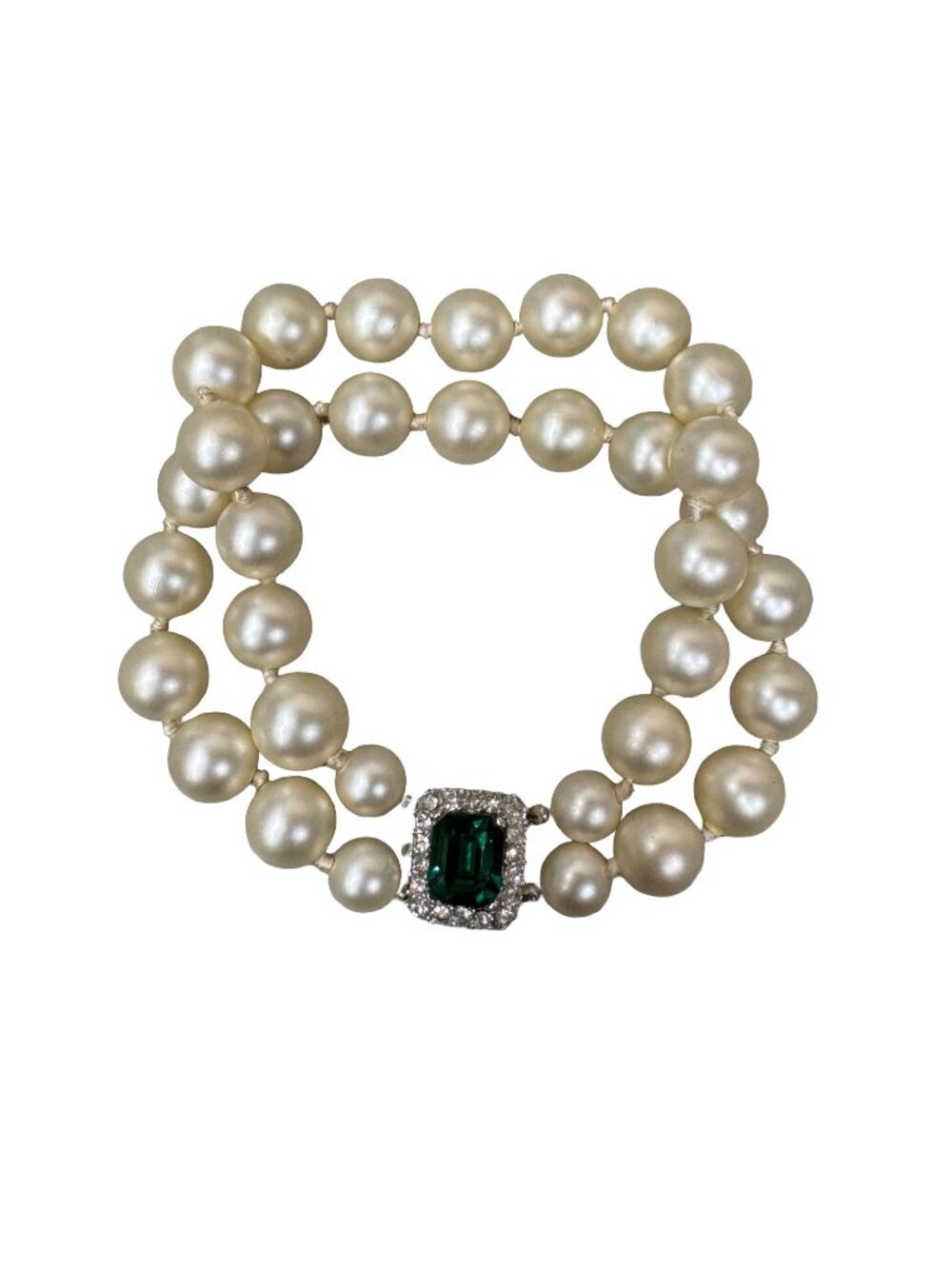 Vintage Double Strand Faux Pearl Bracelet Green Emerald Color Rhinestone 8" Long